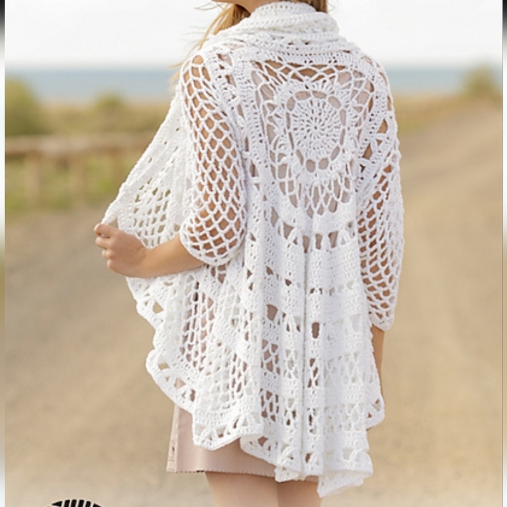 Handcrafted Elegant White Crochet Jacket. SZ L-XL